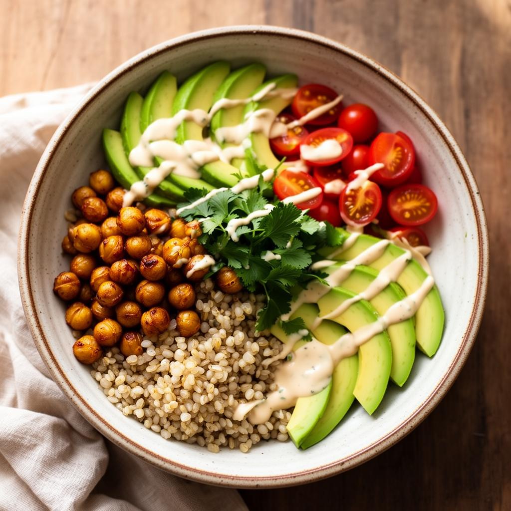 Mediterranean grain bowl with chickpeas, avocado, tomato and tahini